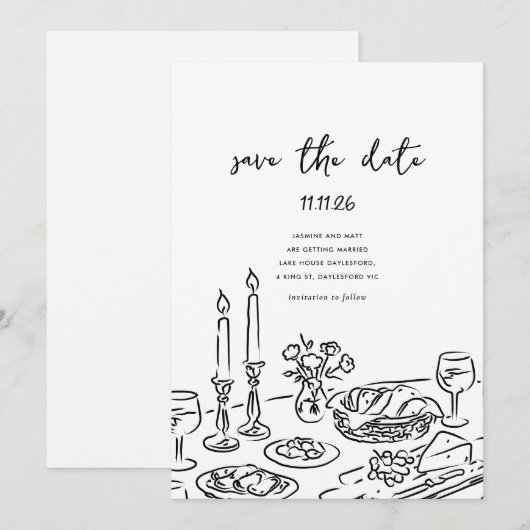 Minimal Hand Drawn Whimsical Doodle Save The Date (Vorne/Hinten)