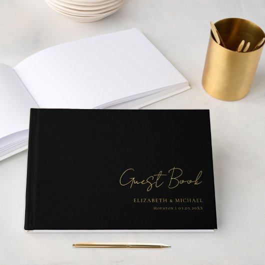 Minimal, Handschrift, Foil, Black, Wedding Gästebuch