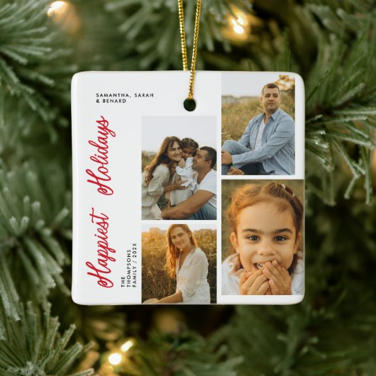 Minimal Happiest Holidays Script Family 4 Photos Keramikornament (Baum)