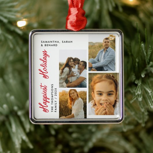 Minimal Happiest Holidays Script Family 4 Photos Ornament Aus Metall (Baum)