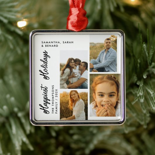 Minimal Happiest Holidays Script Family 4 Photos Ornament Aus Metall (Baum)