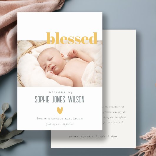 Minimal Heart gesegnetes Foto Geburtsankündigung Dankeskarte