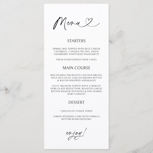 Minimal Heart Menu Card Reception Formal Dinner  Menükarte (Vorderseite)