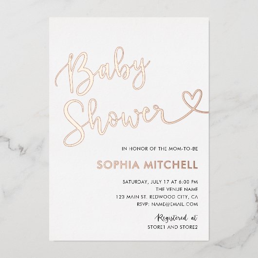 Minimal Heart Script White Baby Dusche Folieneinladung (Vorderseite)