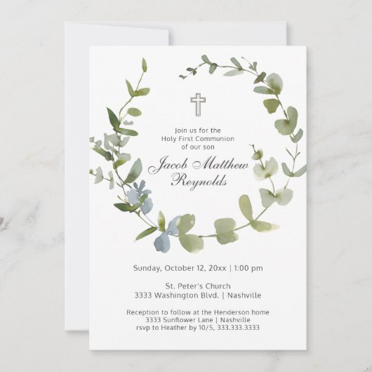 Minimal Heilige Kommunion Eukalyptus Grüne Einladung (Vorderseite)