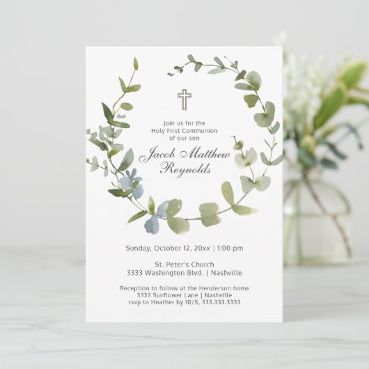 Minimal Heilige Kommunion Eukalyptus Grüne Einladung (Stehend Vorderseite)