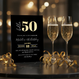 Minimal Hello 50 Script 50th Birthday Black Gold  Folieneinladung