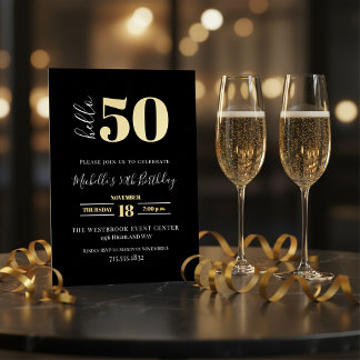 Minimal Hello 50 Script 50th Birthday Black Gold  Folieneinladung