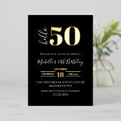 Minimal Hello 50 Script 50th Birthday Black Gold Folieneinladung (Stehend vorne)