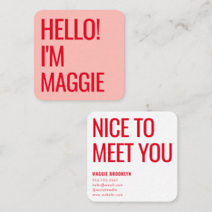 Minimal Hello Modern Clean Simple Name Red Pink Quadratische Visitenkarte