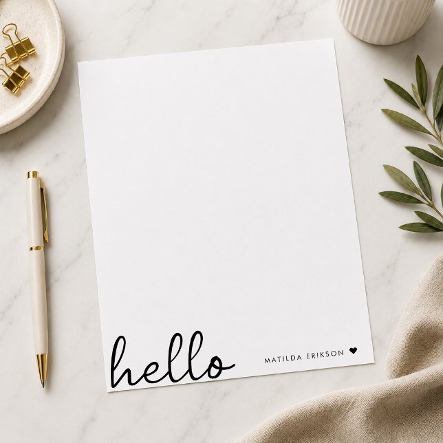 Minimal Hello | Modernes Herz sauber, einfach weiß Briefbogen (Personalized hello letterhead with custom name detail for notes and thank you letters.)