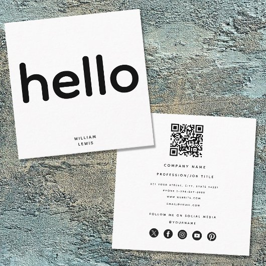 Minimal Hello QR Code Social Media Icons Quadratische Visitenkarte