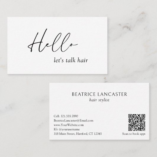 Minimal Hello Typografie QR Code Modernes Elegant Visitenkarte (Vorne/Hinten)