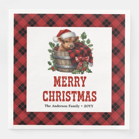 Minimal highland cow red black plaid napkins serviette (Vorderseite)