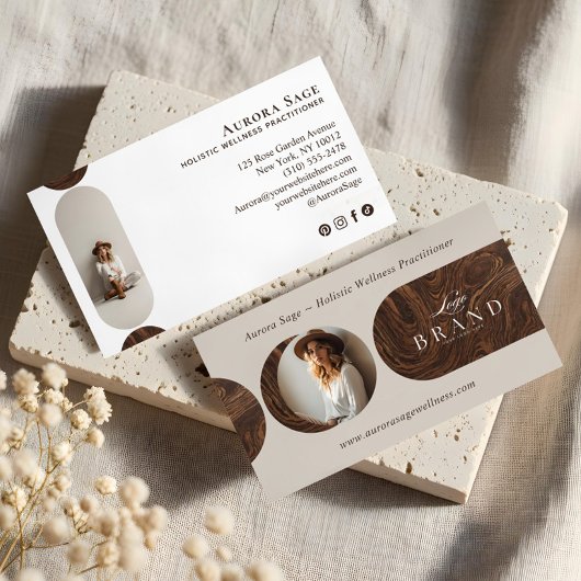 Minimal Holistic Celestial Moon Photo Woodgrain Visitenkarte