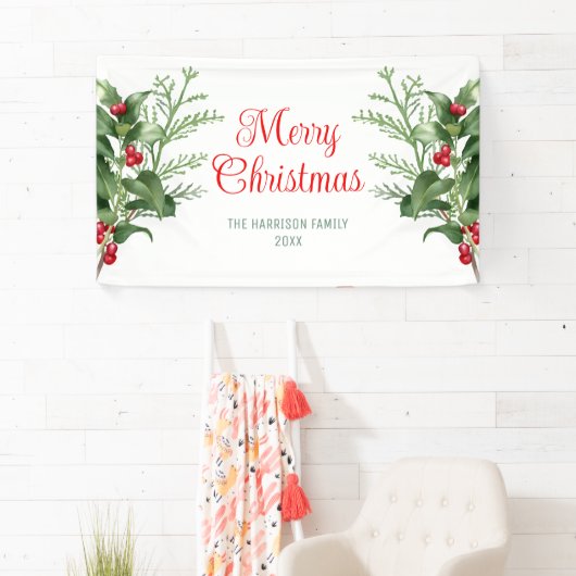 Minimal Holly Berries Branch Frohe Weihnachten Banner (Insitu)