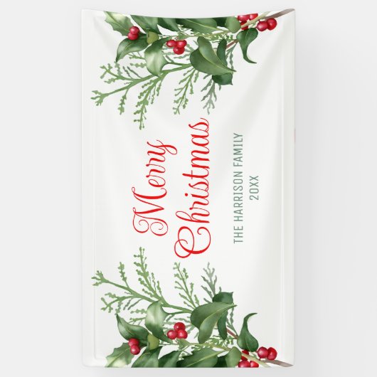 Minimal Holly Berries Branch Frohe Weihnachten Banner (Vertikal)