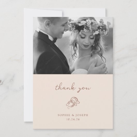 Minimal Horseshoe | Neutral Brown Wedding Foto Dankeskarte (Vorderseite)
