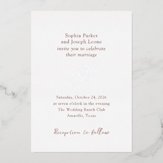 Minimal Horseshoe | Rustic Brown Wedding Silver Folieneinladung (Vorderseite)