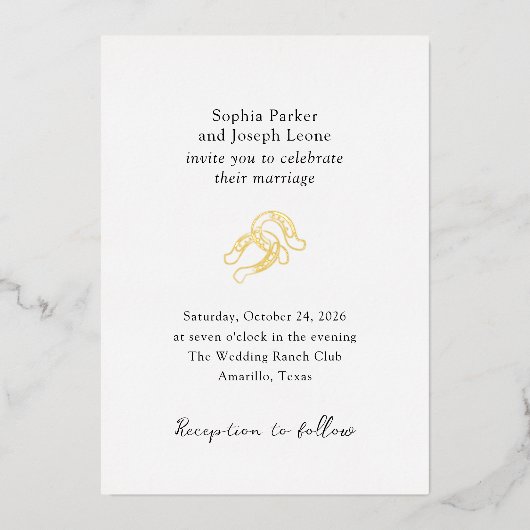 Minimal Horseshoe | Schwarz-Weiß-Hochzeit Gold Folieneinladung (Vorderseite)