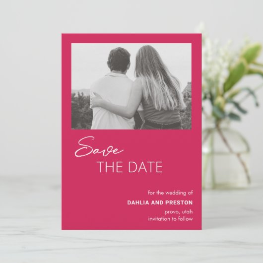 Minimal Hot Pink Foto Moderne Hochzeit Save The Date (Stehend Vorderseite)