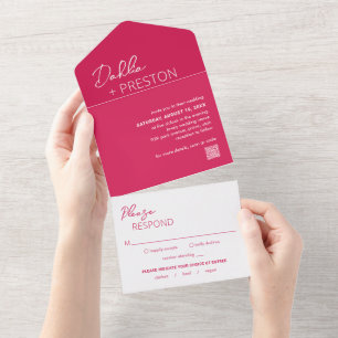 Minimal Hot Pink QR Code Moderne Hochzeit All In One Einladung