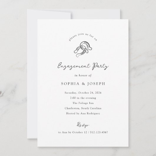 Minimal-Hufeisenschwarz-Weiß-Engagement-Partei Einladung (Vorderseite)