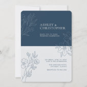 Minimal Indigo Blue Foliage Kontur Foto Hochzeit Einladung (Vorderseite)