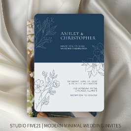 Minimal Indigo Blue Foliage Kontur Foto Hochzeit Einladung