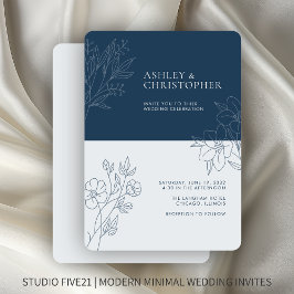 Minimal Indigo Blue Foliage Kontur Hochzeit Einladung