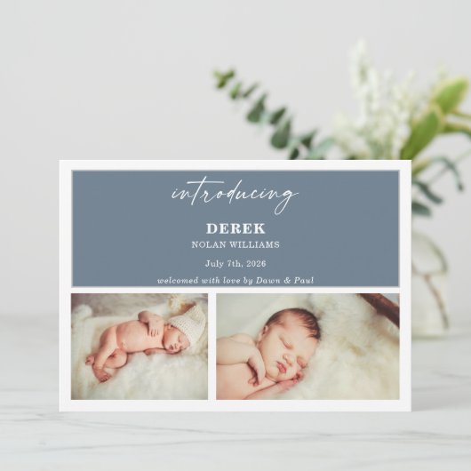 Minimal Introducing Photo Baby Announcement Card Einladung (Stehend Vorderseite)
