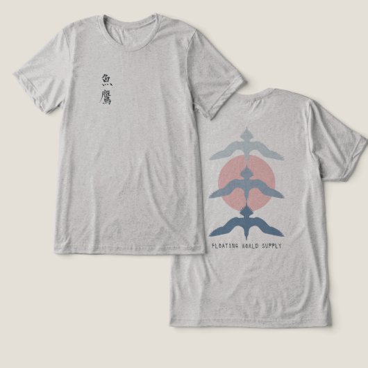 Minimal Japanese Fish Hawk Ukiyo-e Style Gray Tri-Blend Shirt (Design Vorderseite & Rückseite)