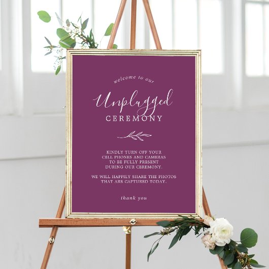 Minimal Leaf Berry Lila Unplugged Ceremony Sign Poster