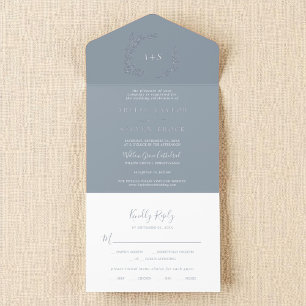 Minimal Leaf Blue Silver Foil Modern Boho Wedding All-in-One-Einladung