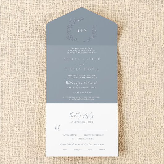 Minimal Leaf Blue Silver Foil Modern Boho Wedding All-in-One-Einladung