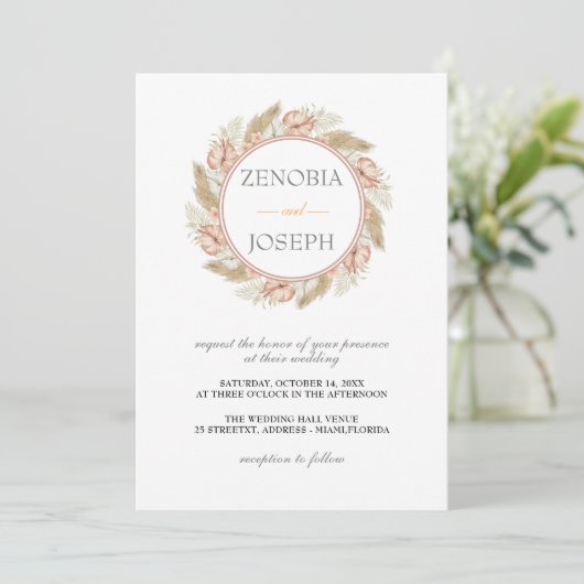 Minimal Leaf Boho Floral Wedding Einladung (Stehend Vorderseite)
