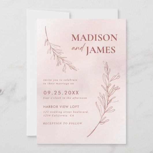Minimal Leaf Boho Pink Elegante Hochzeit Einladung (Vorderseite)