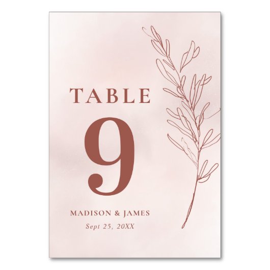 Minimal Leaf Boho Pink Elegante Hochzeit Tischnummer (Vorderseite)