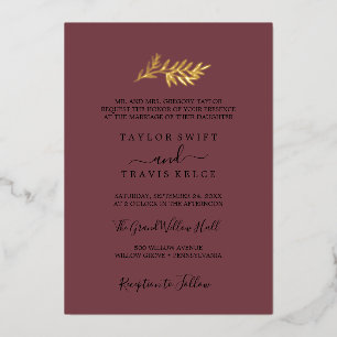 Minimal Leaf Burgund und Gold Foil Formal Hochzeit Folieneinladung
