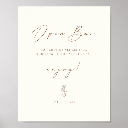 Minimal Leaf Cream Funny Wedding Open Bar Sign Poster (Vorne)