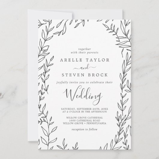 Minimal Leaf | Dark Gray Wedding Einladung (Vorderseite)