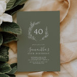 Minimal Leaf | Dark Green 40th Birthday Einladung<br><div class="desc">This minimal leaf dark green 40th birthday invitation is perfect for a boho birthday party. The design features a simple greenery leaf silhouette in olive green with minimalist mountain bohemian style.</div>