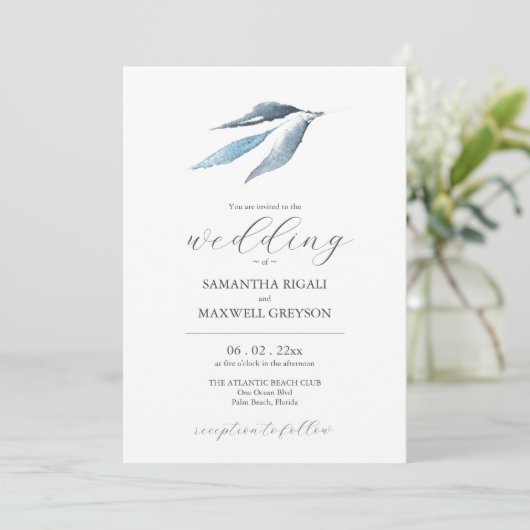 Minimal Leaf Dusty Blue Wedding Einladung (Stehend Vorderseite)