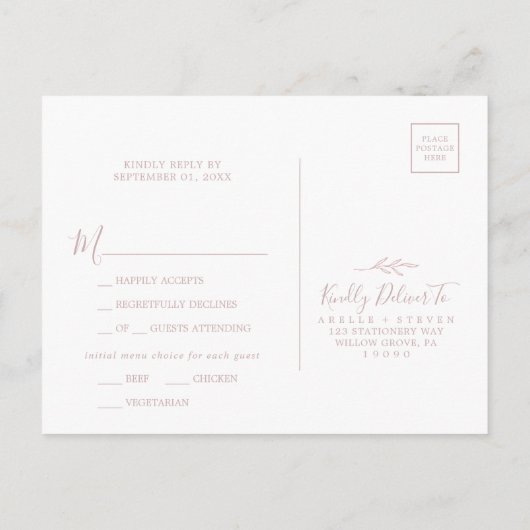 Minimal Leaf Dusty Rose Menü Auswahl UAWG Postkart Einladungspostkarte (Rückseite)