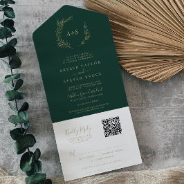 Minimal Leaf | Gold and Emerald QR Code Wedding All In One Einladung