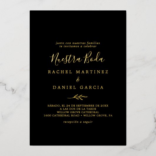 Minimal Leaf Gold Foil Black Folieneinladung (Vorderseite)