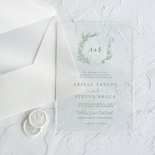 Minimal Leaf Green Monogram Greenery Boho Wedding Acryleinladungen