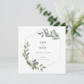 Minimal Leaf Greenery & Gold Geometric Terrarium Save The Date (Stehend Vorderseite)