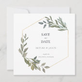 Minimal Leaf Greenery & Gold Geometric Terrarium Save The Date (Vorderseite)