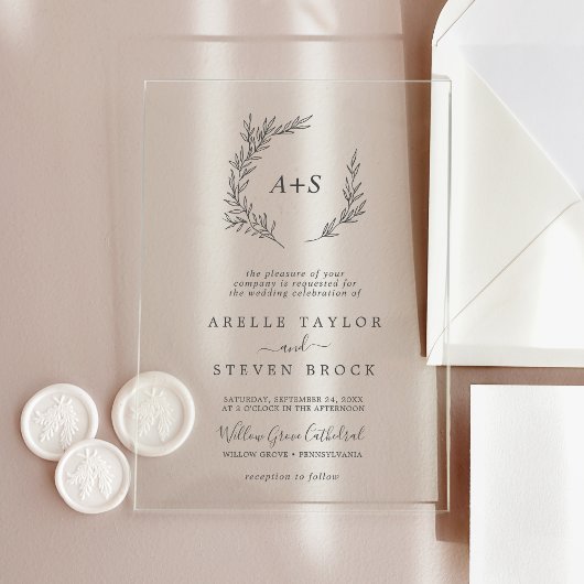 Minimal Leaf Monogram Greenery Boho Moderne Hochze Acryleinladungen